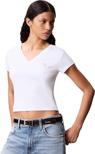 Calvin Klein A- SS WOVEN LABEL RIB VNECK TEE Tişört Kadın