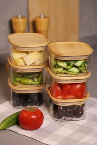 Cam Saklama Kabı, Bambu Kapaklı, 6'lı Set