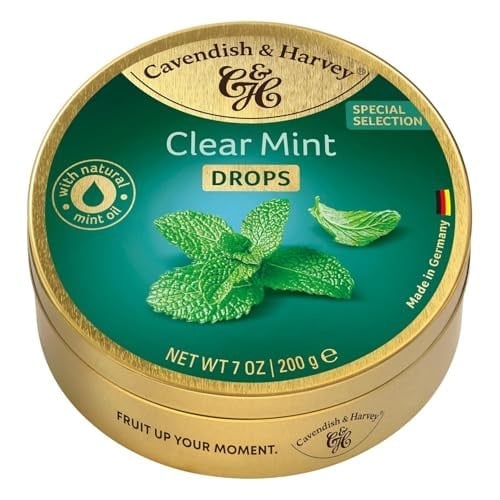 Cavendish & Harvey Clear Mint Drops, Doğal Ökaliptüs Yağlı Nane Aromalı Sert Şeker, Metal Kutu, 200 g
