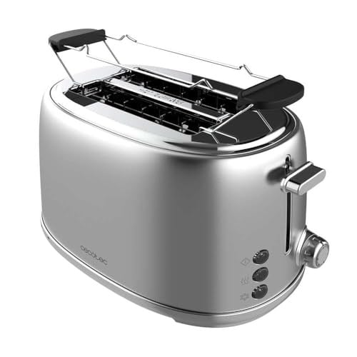 Cecotec Ekmek kızartma makinesi 2 dilim tost ve tuş 1000 Retro Double Inox, 980 W, 2 genişlik ve 3,8 cm kısa yarık, paslanmaz çelik, üst ızgara, ayarlanabilir güç, kırıntı tepsisi