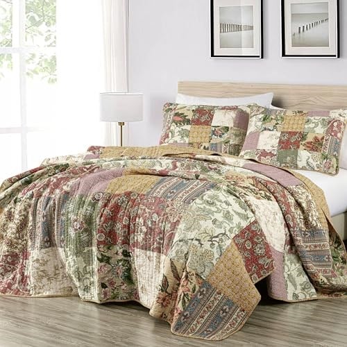 Chezmoi Collection Delaney 3 Parça Çiçekli Yama İşi Önceden Yıkanmış%100 Pamuk Yorgan Seti, Queen - Seçenekler: Daybed, King, Queen, Twin