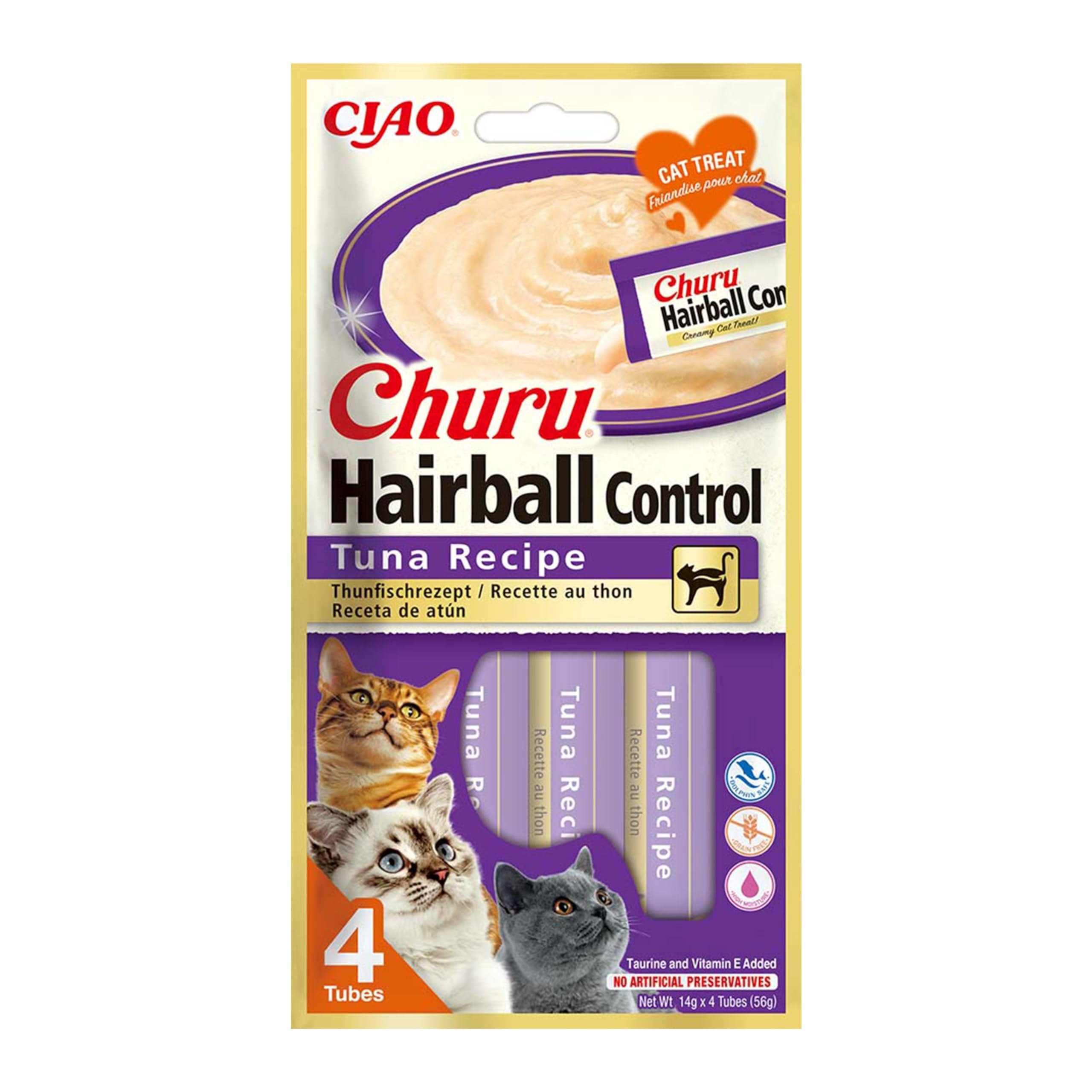 Churu Hairball Kontrolü - Saç toplarını önlemek için kedi atıştırmalıkları, sağlıklı sindirimi teşvik eder, ton balığı (4 adet x 14 g)