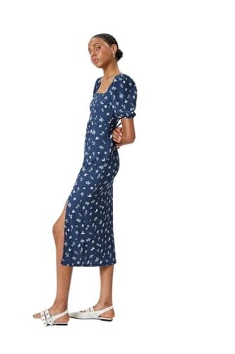 Çiçekli Midi Elbise Bodycon Kare Yaka Balon Kol Yırtmaç Detaylı Bürümcük
