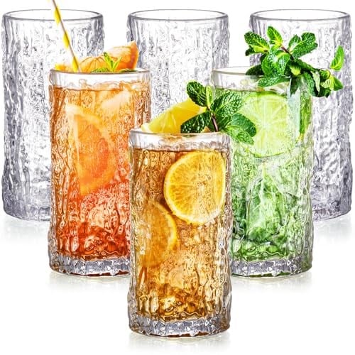 Cididu 6'lı Set Kristal Highball İçme Bardağı, 340 ml Uzun Su Bardağı, Thicke Vintage Drinkware Bardakları Dokulu Züccaciye, Kokteyller, Meyve Suyu, Bira, Çay için Buzlu İçecek Bardağı Bardakları