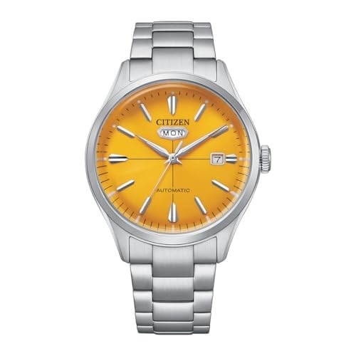 Citizen Erkekler 40.2 mm Otomatik Sarı Kadran Paslanmaz Çelik Analog Saat, gümüş, bileklik