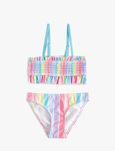 Çizgili Bikini Takımı Fırfırlı İnce Askılı