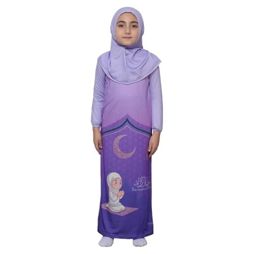 Çocuk Namaz Takımı Pratik Tek Parça Desenli Kollu Tak Çıkar Başörtülü Likralı Tesettür Elbise (6-12 Yaş) 925-0201