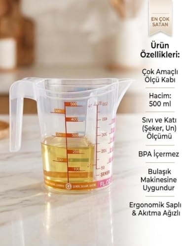 Çok Amaçlı Dereceli Ölçü Kabı 500 ml - Un, Şeker Sıvı ve Katı Ölçekli Hazne Ergonomik Maşrapa