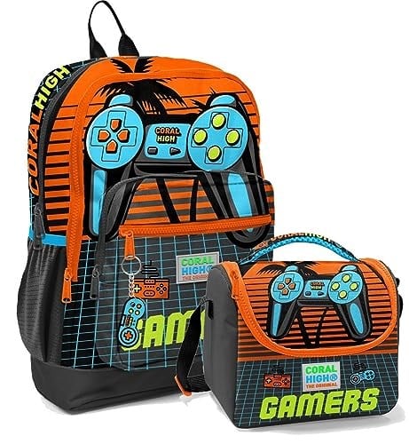 Coral High Erkek Çocuk İlkokul Okul Sırt Çantası ve Beslenme Çanta Seti - Turuncu Gamers