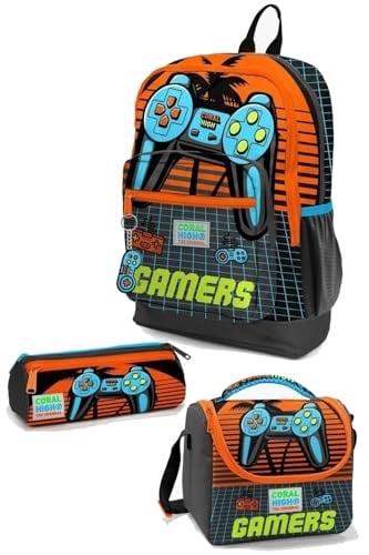 Coral High Kids Gri Turuncu Gamer Desenli 3’lü Okul Çanta Seti - Erkek Çocuk