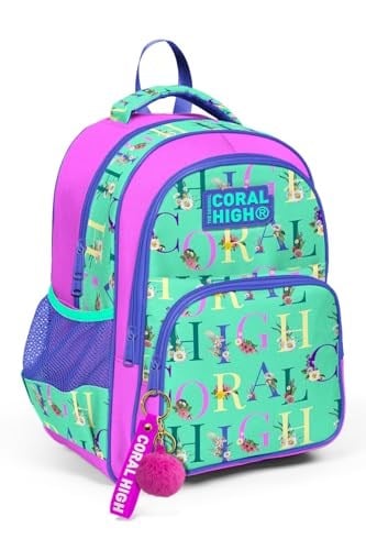 Coral High Kids Su Yeşili Açık Pembe Monogram Desenli Üç Bölmeli Okul Sırt Çantası 14410