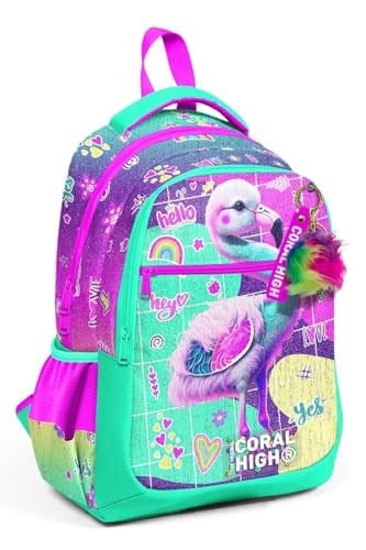 Coral High Pembe Su Yeşili Flamingo Desenli Kız Çocuk İlkokul Çantası ve Günlük Sırt Çantası