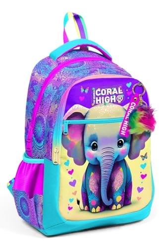 Coral High Pembe Turkuaz Fil Desenli Kız Çocuk İlkokul Çantası ve Günlük Sırt Çantası