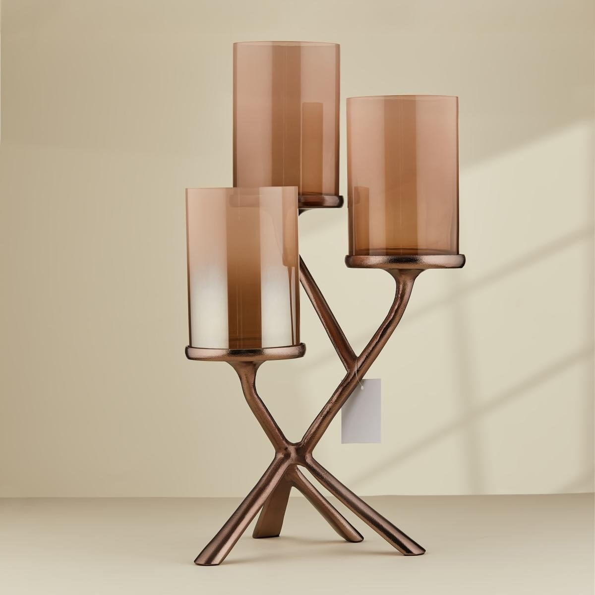 Cornella Gınger Antik Bronz 3 Kollu Cam Şamdan Ağız:10 Cm Boy:15 Cm Mumluk Ayak 35 Cm