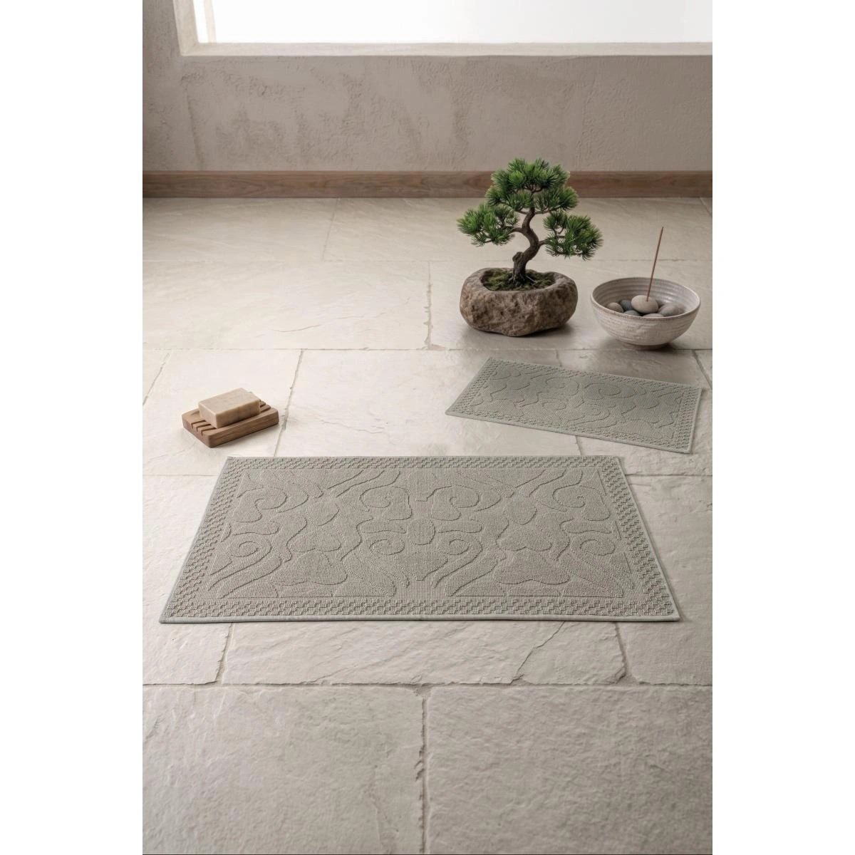 Cotton Box Aura Jakarlı Kaymaz Taban Pamuklu Paspas Seti Vine Vizon 60x90+40x60