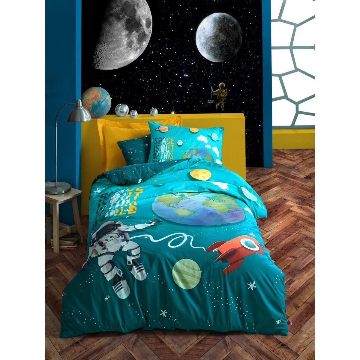 Cotton Box Junior Tek Kişilik Lastikli Çarşaflı Nevresim Takımı Little Astronaut Turkuaz
