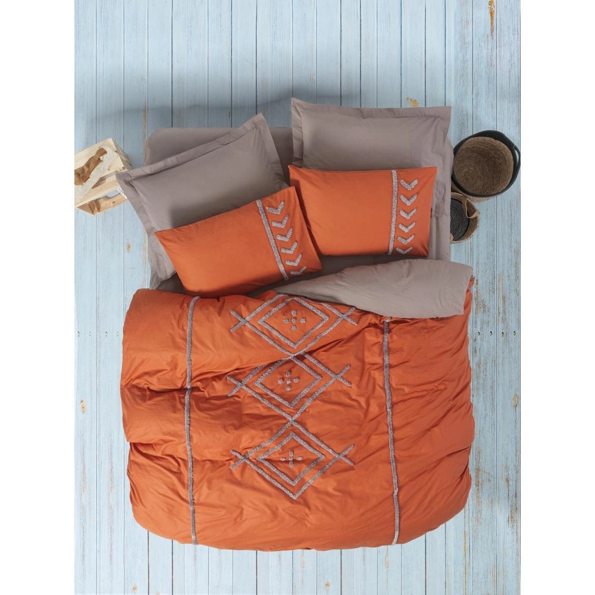 Cotton Box Puff Nakışlı Çift Kişilik Nevresim Takımı Liya Kiremit-bej