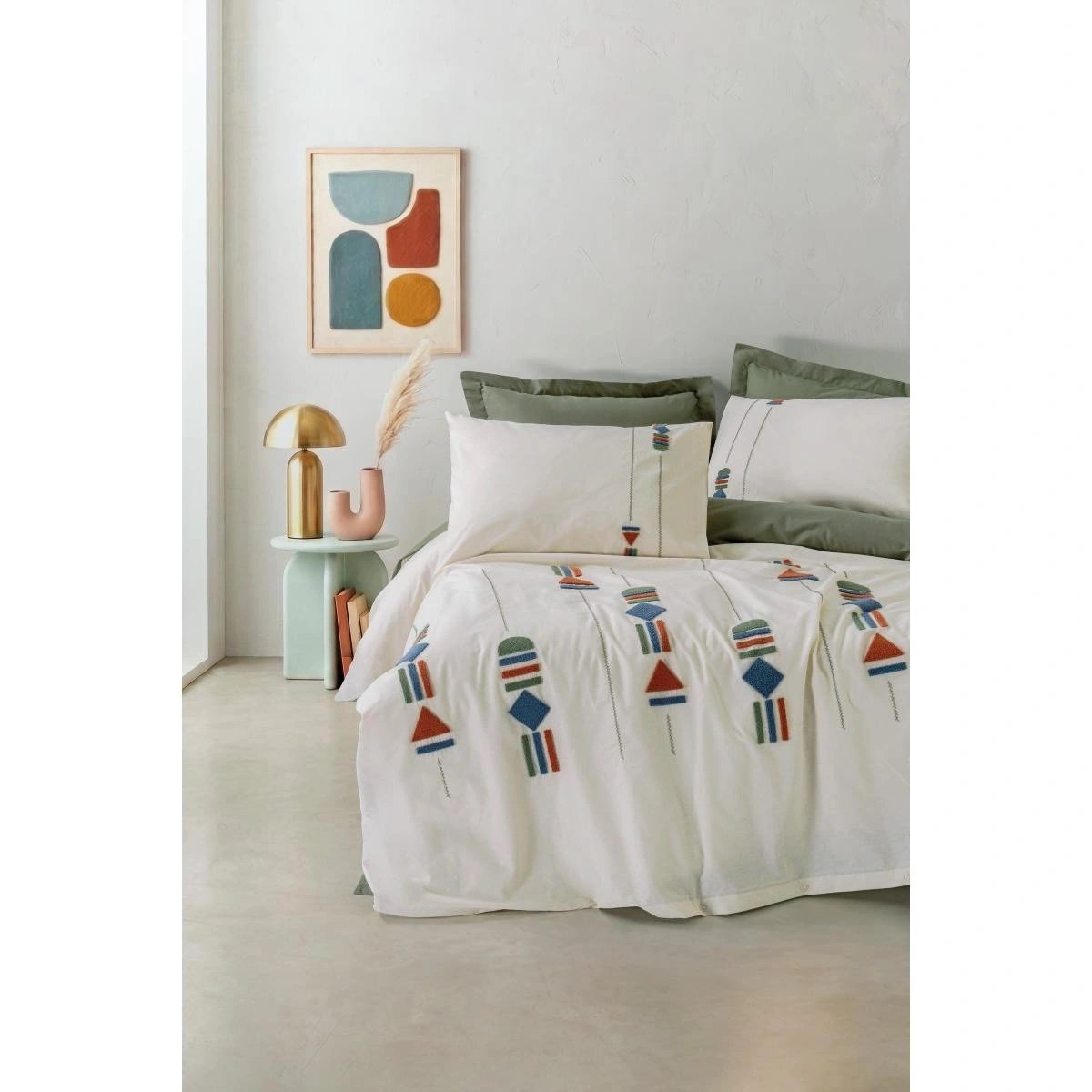 Cotton Box Puff Nakışlı Çift Kişilik Nevresim Takımı Verdara Haki