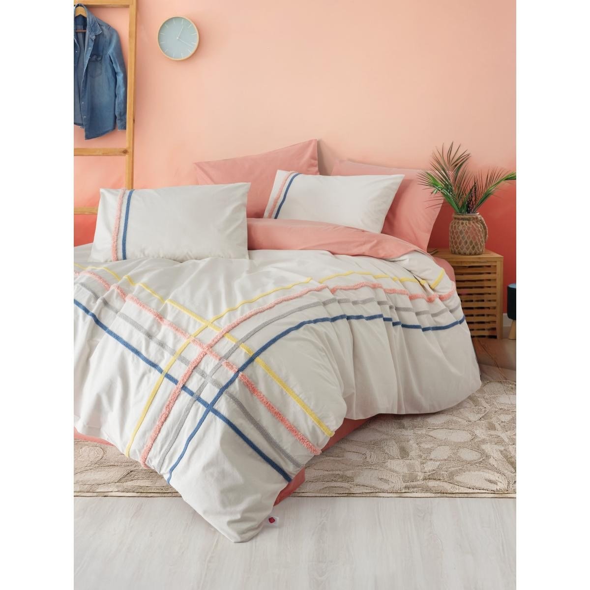 Cotton Box Puff Nakışlı Çift Kişilik Nevresim Takımı Linea Somon