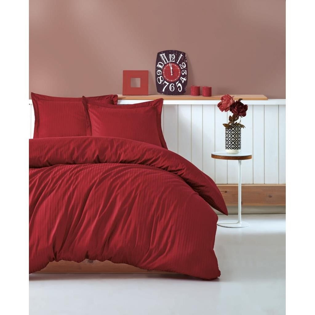 Cotton Box Stripe Saten Çift Kişilik Nevresim Takımı - Bordo