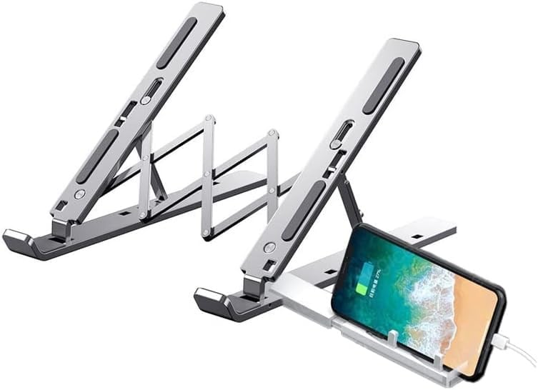 Coverzone Katlanabilir Alüminyum Laptop Standı – 13 Kademeli Yükseklik Ayarlı, Telefon Tutuculu, Taşınabilir, Ergonomik, Isı Dağıtıcı, Kaymaz Silikon Destekli Notebook Sehpası