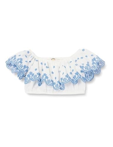 Crop Bluz Düşük Omuz Fırfırlı Katlı Floral Desenli Pamuklu