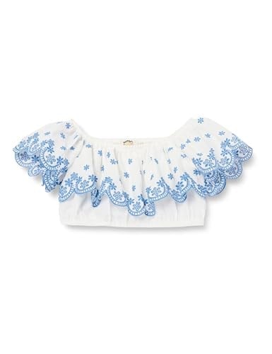 Crop Bluz Düşük Omuz Fırfırlı Katlı Floral Desenli Pamuklu