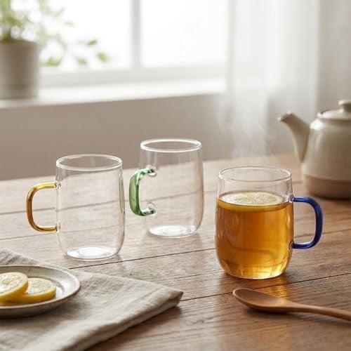 Deconox 1 Adet Borosilikat Cam Kupa (380 ml) - 3 Farklı Renkli Isıya Dayanıklı Şeffaf Çay ve Kahve Fincanı Şık Kulplu Minimalist Kupa Bardak (Asorti)