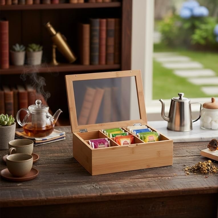 Deconox Bambu 6 Bölmeli Çay Kutusu -%100 Orjinal Bambu Mıknatıslı Kapak 21x16,5 x7cm