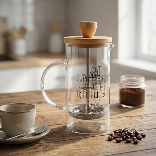 Deconox Bambu Kapaklı French Press 350 ml – Borosilikat Cam Bitki Çayı ve Filtre Kahve Demleme Ekipmanı, Paslanmaz Çelik Filtreli Kişisel Kupa Boy