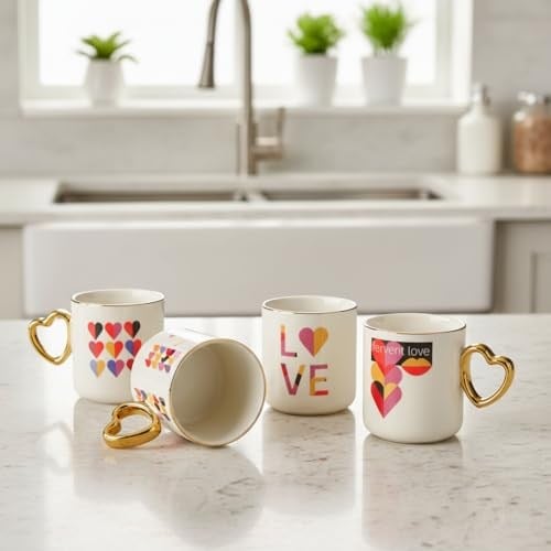 Deconox Gold Saplı Porselen Kalp Kupa - 400 ml Büyük Boy Lüks Tasarım - 4 Farklı Modelden Biri (Sürpriz/Asorti) - Altın Yaldızlı Şık Hediyelik Mug