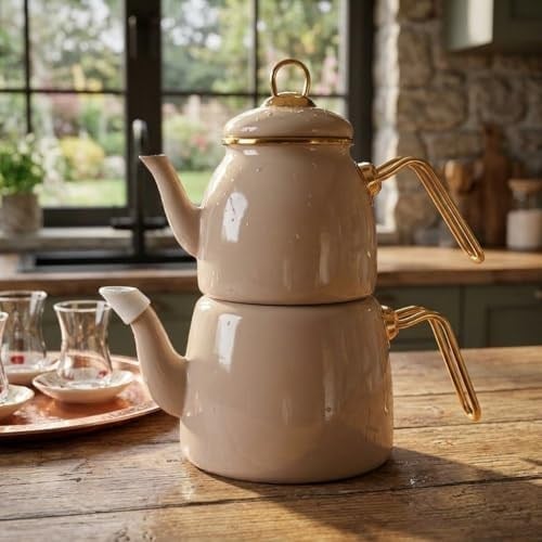 Deconox İçten Kaplamalı Emaye Çaydanlık Takımı - Gold Detaylı Nostaljik Alt Üst Çay Seti (1.2 Litre + 2 Litre) - 3 Renk Seçeneği (BEJ)