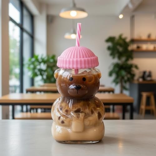 Deconox Sevimli Ayıcık Figürlü Borosilikat Cam Bardak 580 ml - Silikon Kapaklı ve Pipetli Lüx Barista Soğuk İçecek Bardağı (PEMBE)