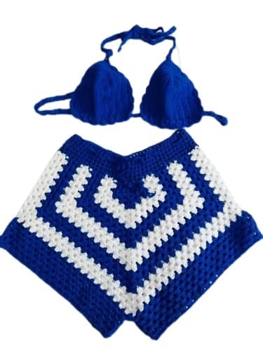 DEEP BEACH Mavi Beyaz el örgüsü bikini short takım MAVİ S/M
