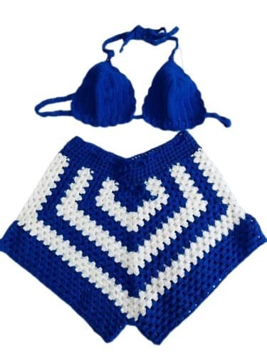 DEEP BEACH Mavi Beyaz el örgüsü bikini short takım MAVİ S/M