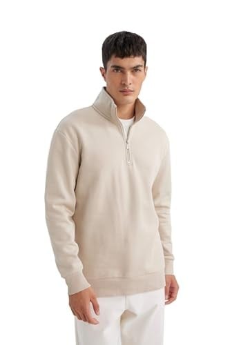 DeFacto Gri 3 İplik Pamuklu Şardonlu İçi Polarlı Comfort Regular Fit Rahat Kalıp Dik Yaka Fermuarlı Kalın Sweatshirt
