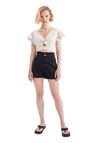 DeFacto Kadın Basic V Yaka Fırfırlı Kol Detaylı Keten Karışımlı Crop Bluz