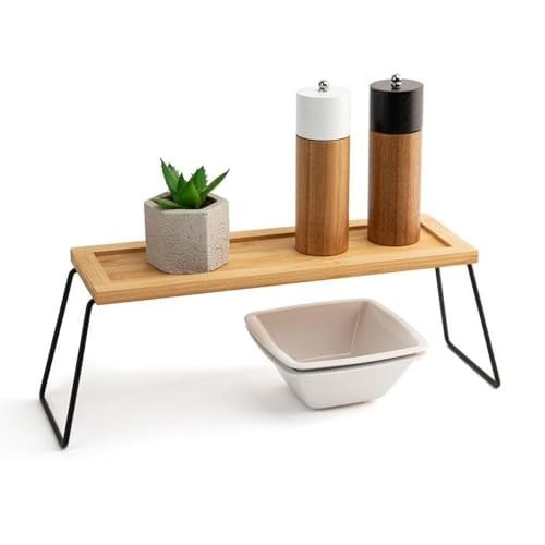 Dekoratif Mutfak Banyo Rafı, Bambu ve Metal, 36x12x15 cm, Düzenleyici Raf Sunum Standı Dekoratif Mutfak Standı