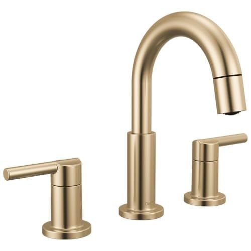 Delta Nicoli Fırçalı Altın Püskürtücülü Banyo Bataryası, 20 cm 3 Delikli Yaygın Banyo Lavabo Bataryası Pull Out Püskürtücü, Push-Pop Tahliye, Şampanya Bronz 35749LF-CZPD