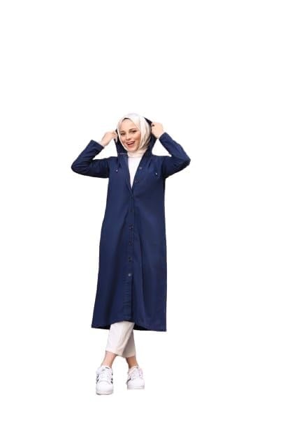 Denim Kapşonlu Kap- Denin Pardesü-Lacivert