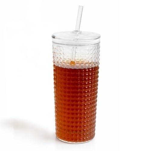 Desenli Borosilikat Pipetli Cam Bardak, 550 ml, Kapaklı ve Pipetli, Soğuk İçecekler İçin Kupa Mug