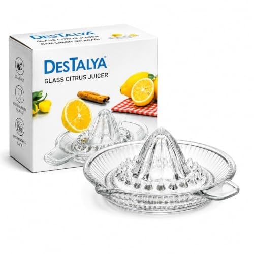 DESTALYA Cam Limon Sıkacağı | Portakal ve Narenciye Sıkacağı | Manuel, Şeffaf Cam, Kolay Temizlenir | Kulplu Taze Meyve Suyu Sıkacağı