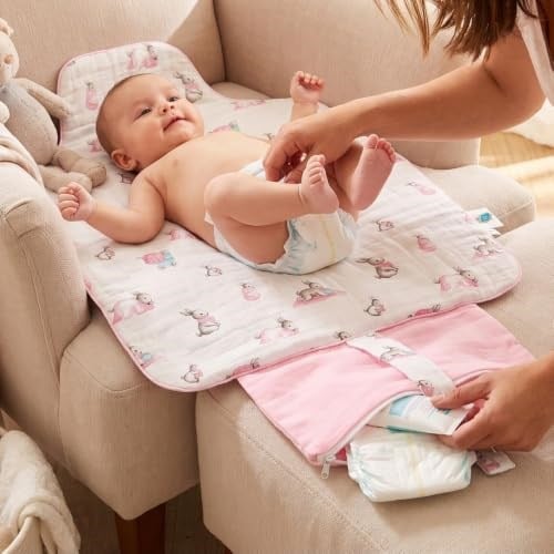 DEUX LAPINS% 100 Pamuk Çantalı Pratik Katlanabilir Alt Değiştirme Matı - Bébé Lapin Rose PAD1019