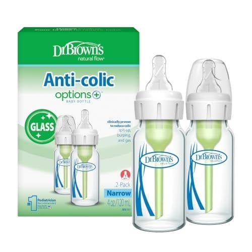 Dr. Brown's Natural Flow® Anti-Colic Options+™ Dar Cam Biberon, 4 oz/250 ml Seviye 1 Yavaş Akış Nipeli, 2'li Paket, 0 m+