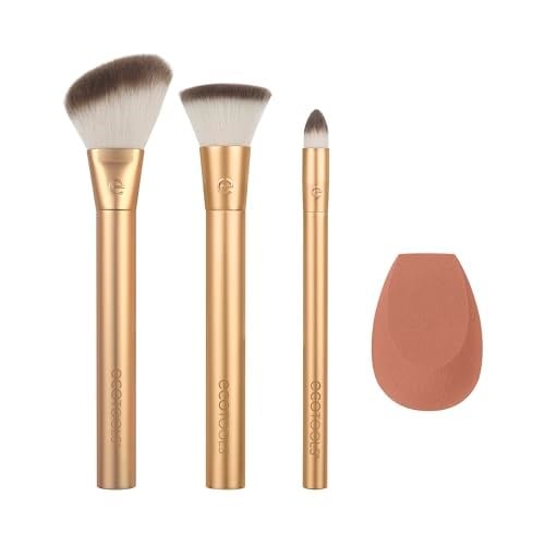 EcoTools Değerli Metaller Yüz Karışımı ve Şekillendirici Seti, Makyaj Fırça Seti, Temel Fırçası, Çevre Dostu Makyaj Fırça Seti, Geri Dönüşümlü Alüminyum, Krom, Hassas, 4 Parça Set