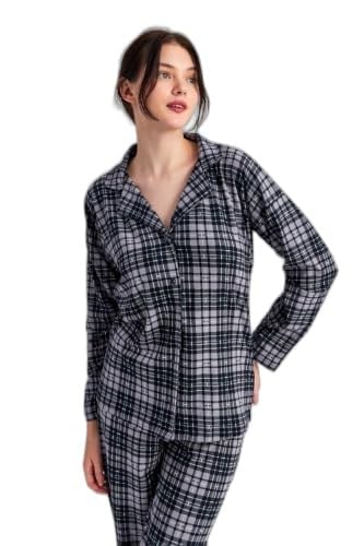 Ecrou Kadın Gri Siyah Ekose Desen Uzun Kol Bebe Yaka Pantolon Pijama Takım