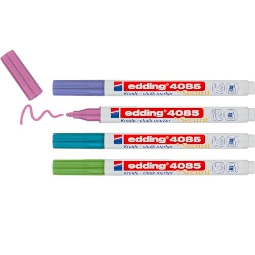edding 4085 tebeşir kalemi - yeşil, mavi, mor, pembe (metalik) - 4 tebeşir kalemi - 1-2 mm yuvarlak uçlu - Seçenekler: 2'li paket, 4'lü set, tek kalem