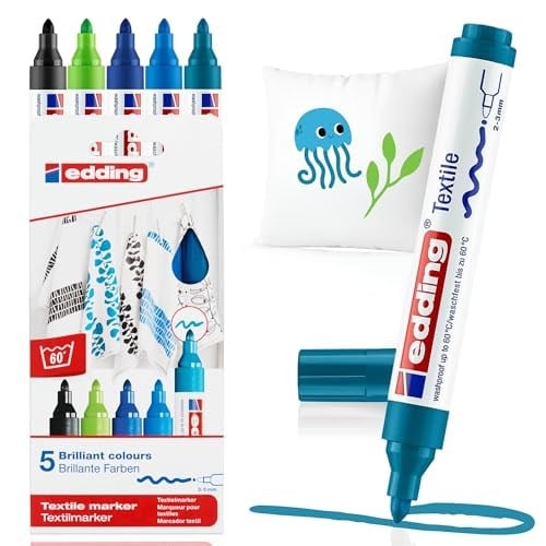 edding 4500 tekstil kalemi - siyah, 3x mavi, yeşil - 5 kalem - 2-3 mm yuvarlak uç