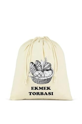 Ekmek Torbası, Pamuk Bez Torba, 40x40 cm, Baskılı Ekmek Desenli, Krem Rengi