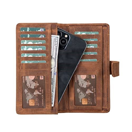 El Yapımı Çıtçıtlı Deri Cüzdan - Telefon Bölmeli, Hakiki Deri Premium Kalite Kartlık Cüzdan, 2'si Pencereli 13 Kart Bölmesi, Erkek ve Kadın için Hakiki Deri Cüzdan (Antik Kahverengi)
